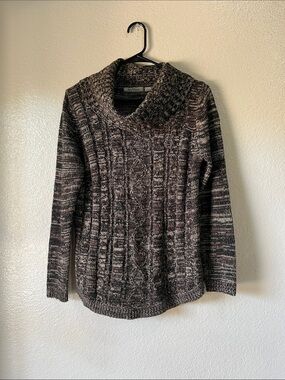 jason maxwell Marled Brown and Gray Cable Funnel Neck Sweater Sz L Comfy Chic